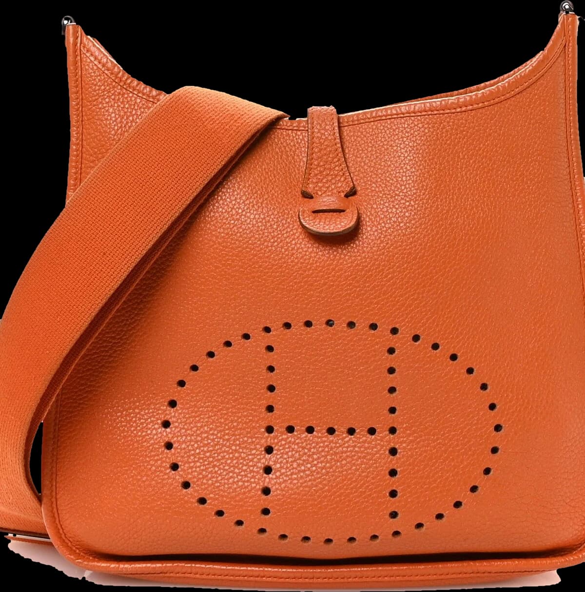 An orange Hermès Evelyne shoulder bag with a perforated H