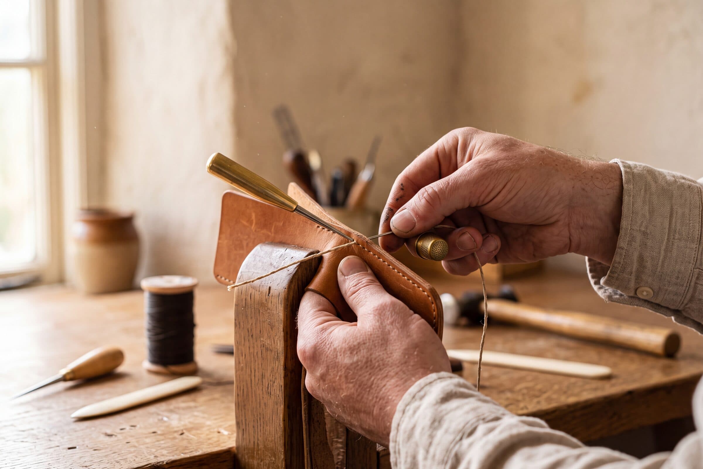 Hands at work over leather in an atelier, in warm daylight