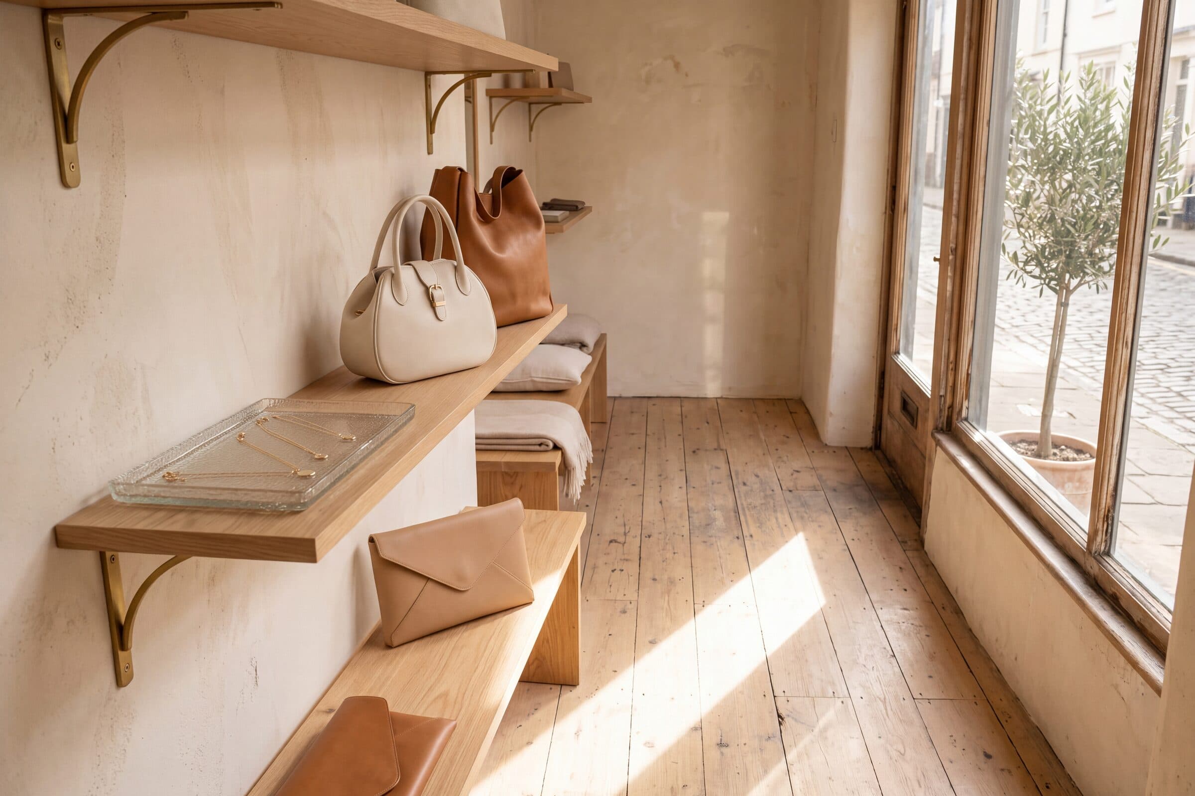 A warm, airy boutique interior with pieces displayed sparely on light shelving