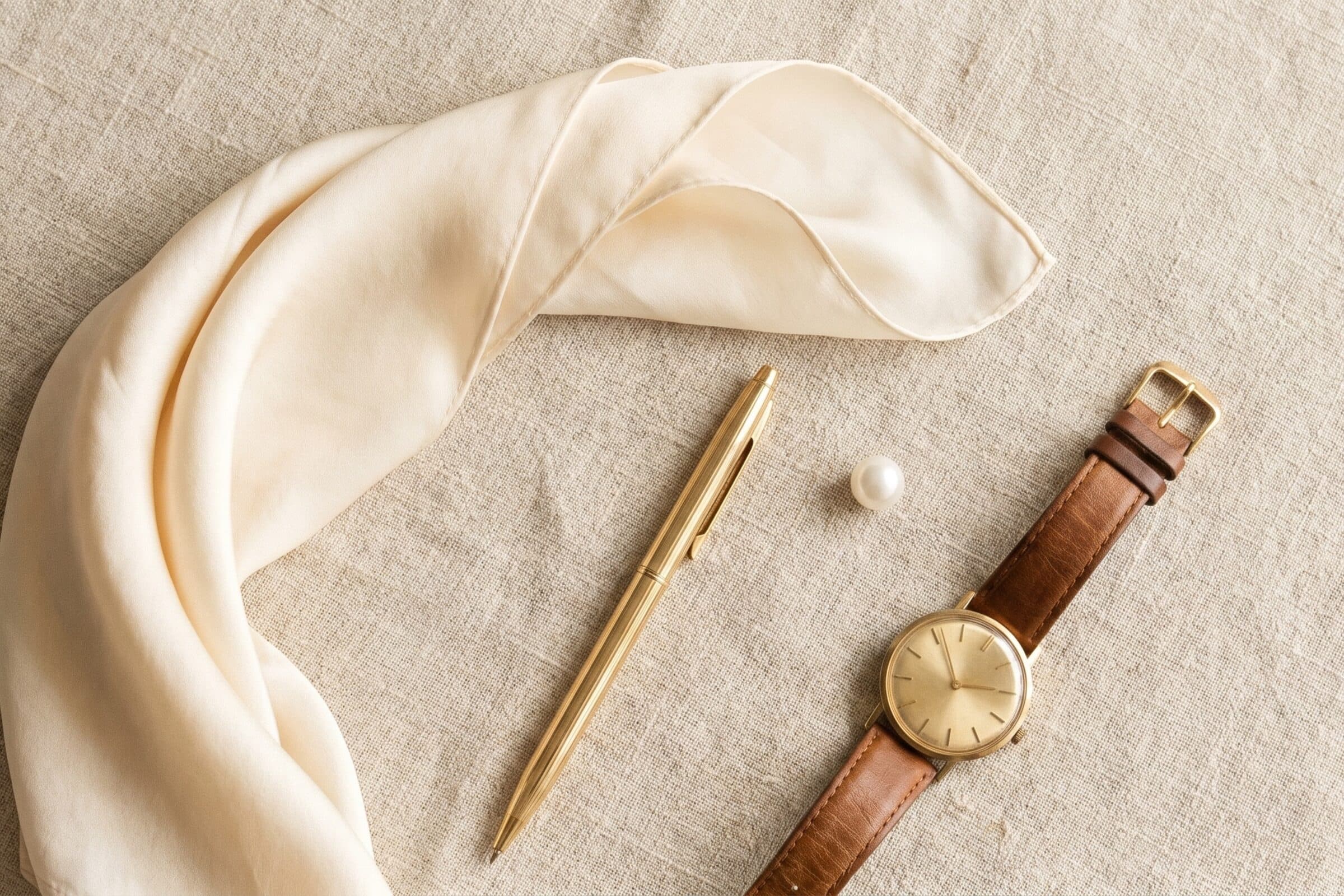 A group of pre-owned luxury pieces arranged on a warm neutral ground